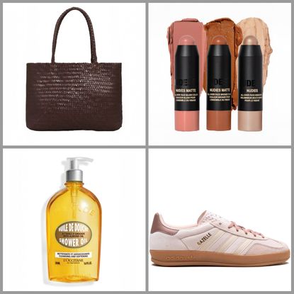 product collage of loccitane Almond Shower Oil, NUDESTIX Mini Soft & Warm Nudes 3-Piece Kit, Madewell The Handwoven Leather Tote, adidas Gazelle Indoor Sneakers on white background with grey border