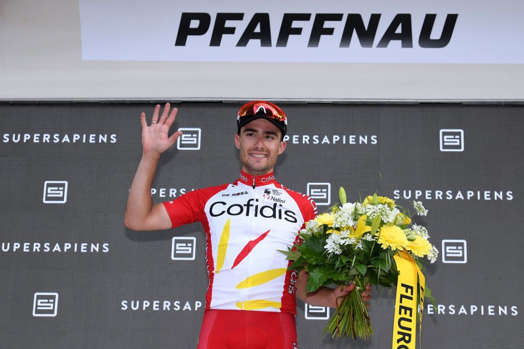 PFAFFNAU SWITZERLAND JUNE 08 Remy Rochas of France and Team Cofidis Most Combative Rider celebrates at podium during the 84th Tour de Suisse 2021 Stage 3 a 185km stage from Lachen to Pfaffnau 509m UCIworldtour tds tourdesuisse on June 08 2021 in Pfaffnau Switzerland Photo by Tim de WaeleGetty Images