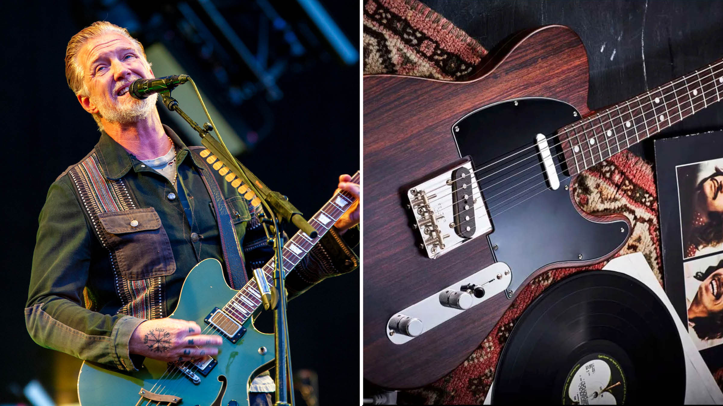 On the left, Josh Homme plays his Echo Park torquoise semi-hollow electric. On the right, the George Harrison Rosewood Telecaster