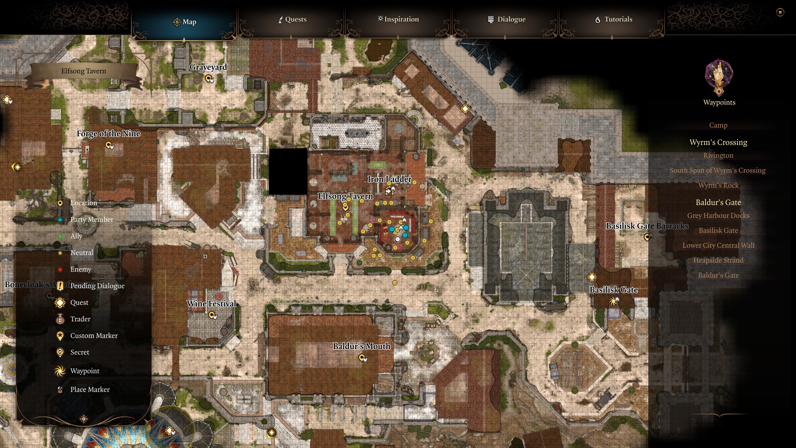 Baldur's Gate 3 map showing the Elfsong Tavern