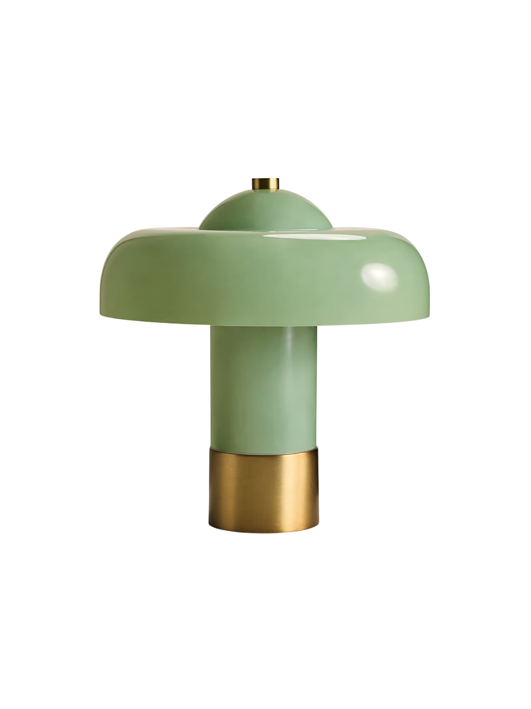 Green and brass, mushroom-shaped table lamp.
