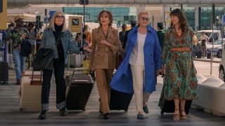 From left to right: Diane Keaton, Jane Fonda, Candice Bergen and Mary Steenburgen walking through a train station in Book Club: The Next Chapter.