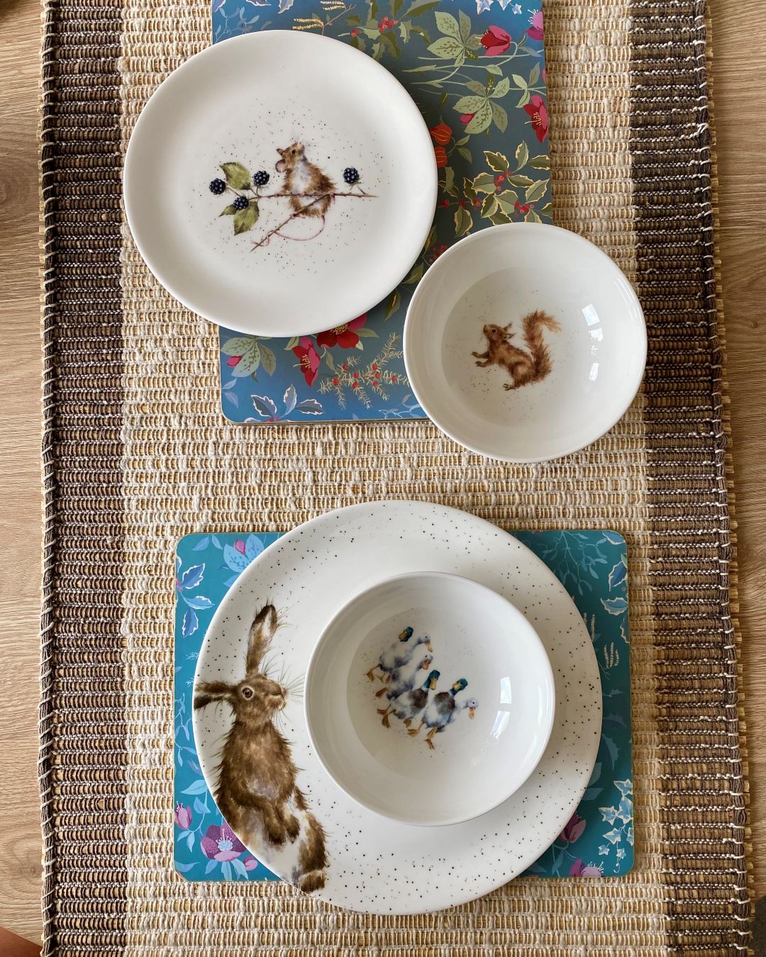 Wrendale Designs dinner plate set on table with runner and placemats