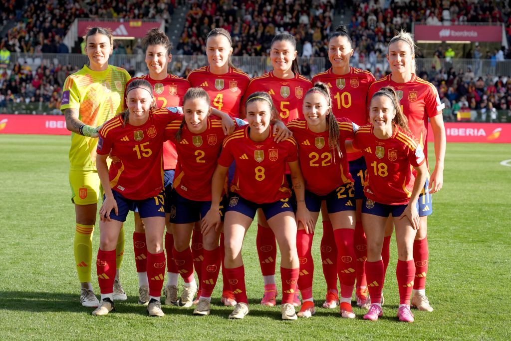 Spain women Olympics 2024 squad Spain&#039;s players pose prior the UEFA Women&#039;s Euro 2025 group A qualifying round day 2 football match between Spain and Czech Republic at El Plantio stadium, in Burgos on April 9, 2024. (Photo by CESAR MANSO / AFP) (Photo by CESAR MANSO/AFP via Getty Images)