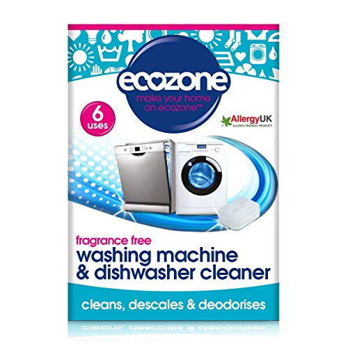 Ecozone Washing Machine &amp;amp; Dishwasher Cleaner Tablets, 2-In-1 Treatment Kit Cleans, De-Scales &amp;amp; De-Odorises, Fragrance Free, Plastic Free, Natural Vegan Friendly Plant-Based Cleaning (pack of 6)