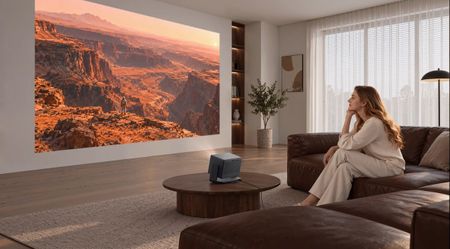A woman in an expensive, sparse room watches a video of the grand canyon on a huge wall thanks to her XGIMI Horizon 30 Series