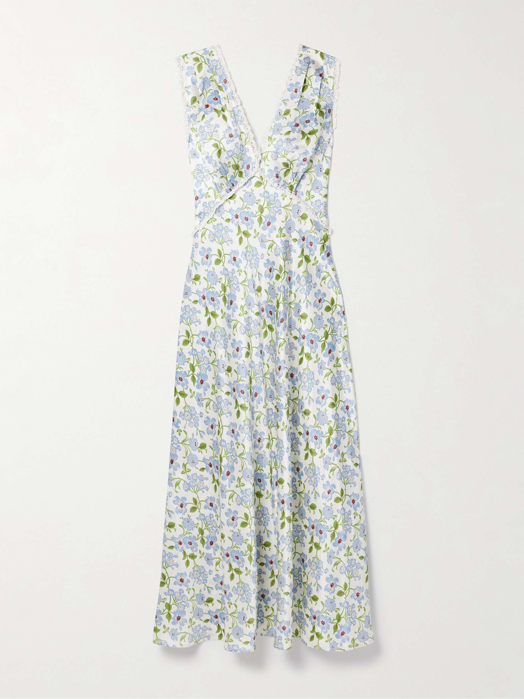 Tahlia Lace-Trimmed Floral-Print Silk-Charmeuse Midi Dress