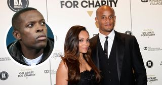 Belgian footballer Vincent Kompany and his wife Carla Higgs arrive for the charity gala dinner SOS Villages d'enfants (SOS Children's Villages) in Brussels on May 21, 2014.