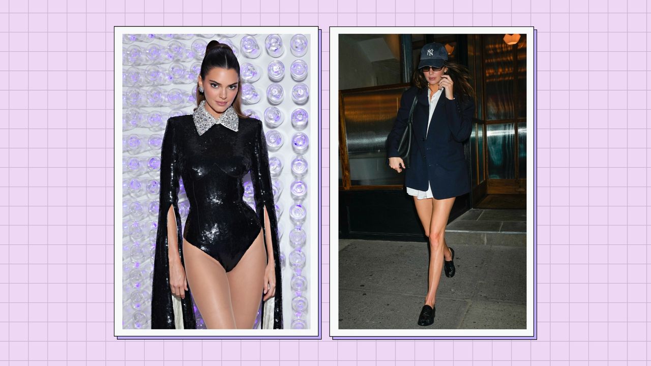 Kendall Jenner no pants outfits: Kendall pictured wearing a black sequin bodysuit at the Met Gala 2023 alongside a snap of her wearing a blazer and shirt/ in a purple template