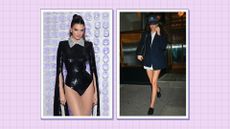 Kendall Jenner no pants outfits: Kendall pictured wearing a black sequin bodysuit at the Met Gala 2023 alongside a snap of her wearing a blazer and shirt/ in a purple template