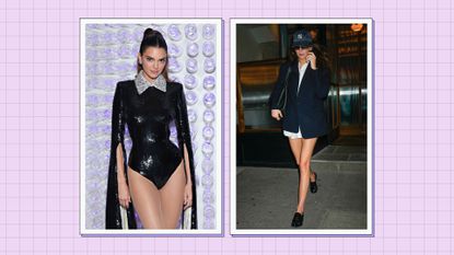 Kendall Jenner no pants outfits: Kendall pictured wearing a black sequin bodysuit at the Met Gala 2023 alongside a snap of her wearing a blazer and shirt/ in a purple template