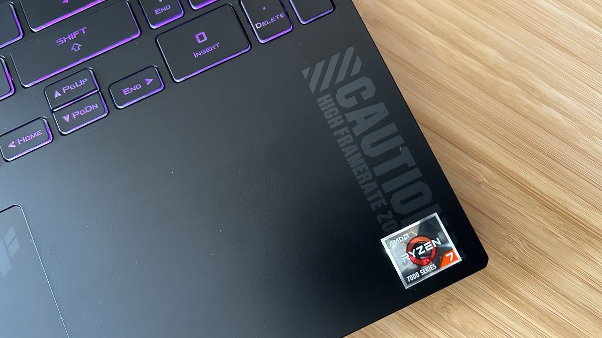 Corner of Asus TUF A15 gaming laptop showing text stamp