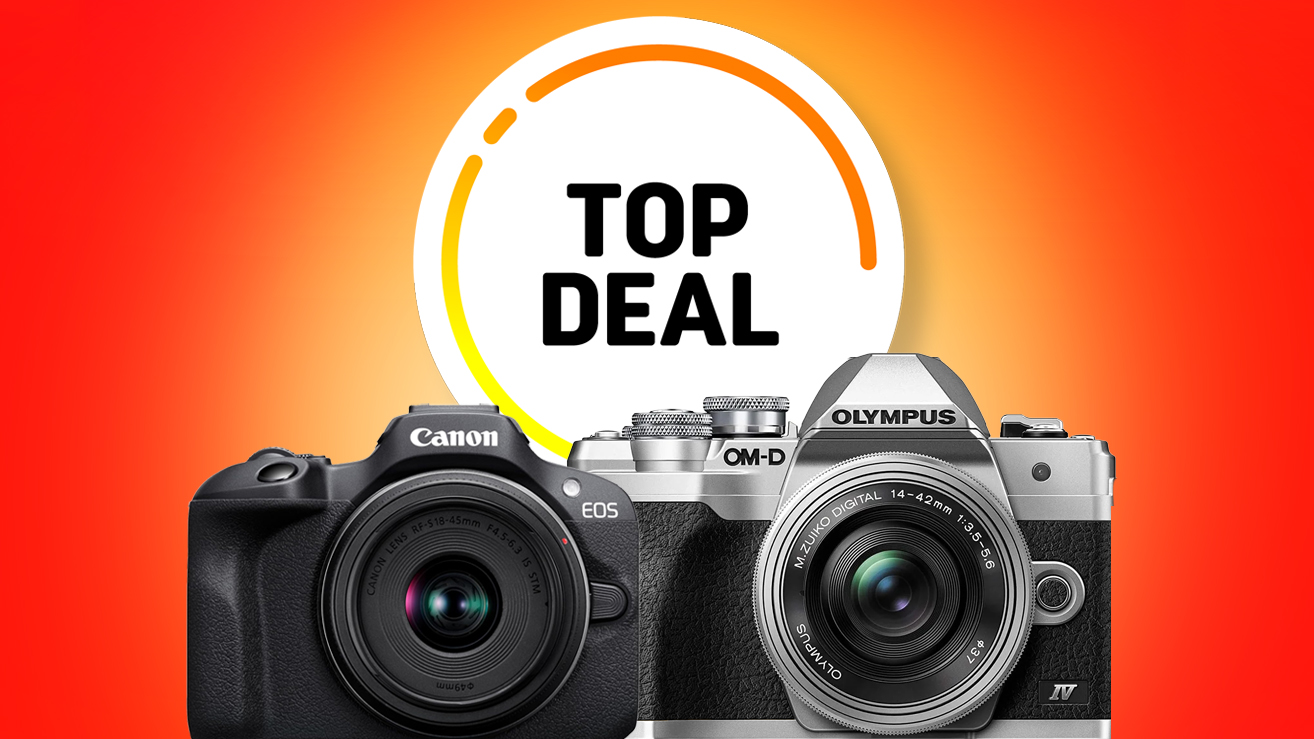Two digital cameras from Canon and Olympus displayed against a vibrant gradient background with &quot;TOP DEAL&quot; prominently featured
