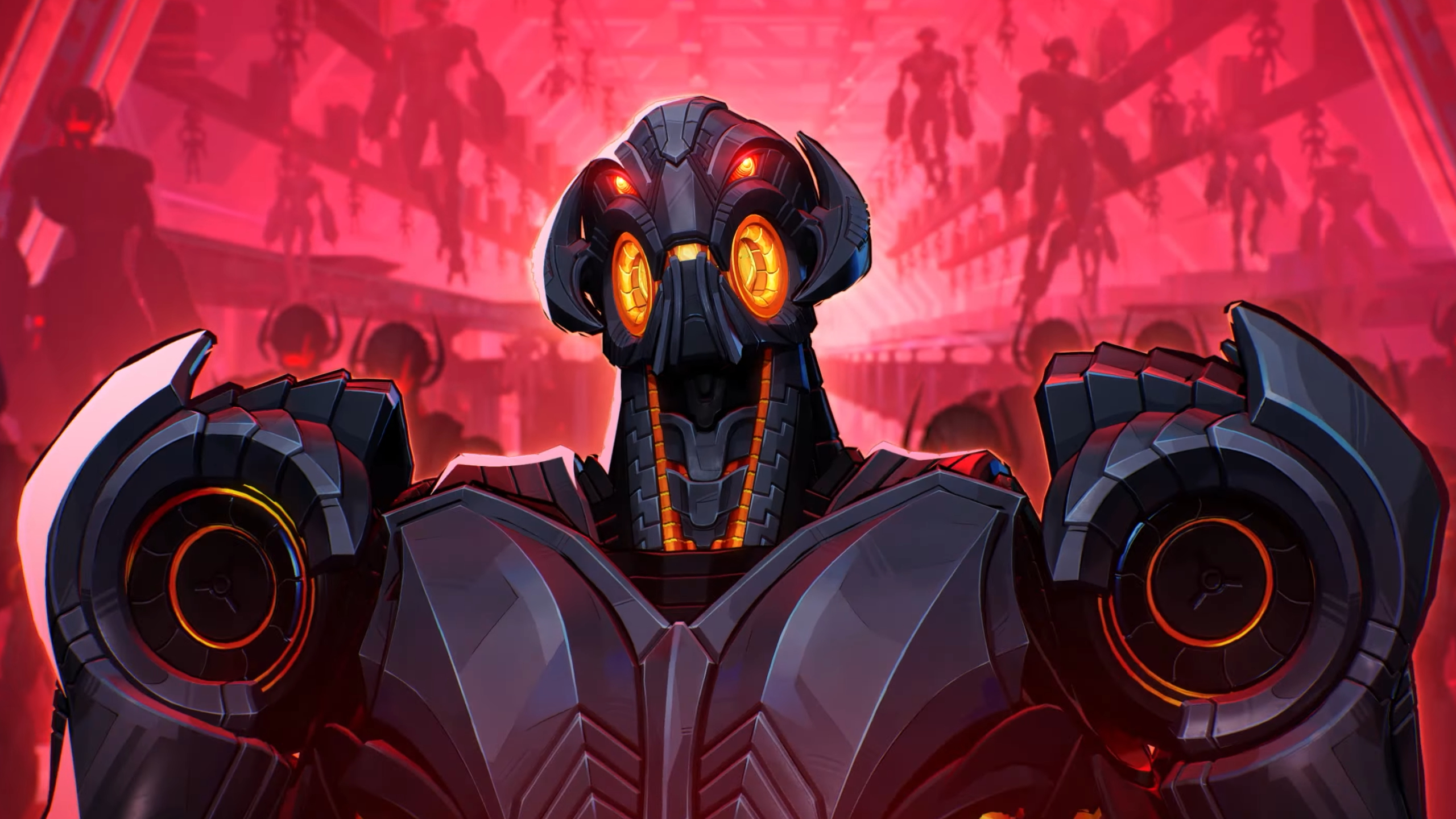 Marvel Rivals Ultron release date abilities: A close up shot of Ultron with a menacing expression as hordes of robots appear behind him.