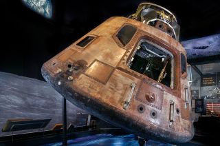 The Apollo 11 command module Columbia is the centerpiece of the "Destination Moon" exhibition opening with seven other reimagined galleries at the Smithsonian National Air and Space Museum on the National Mall in Washington, D.C. on Oct. 14, 2022.