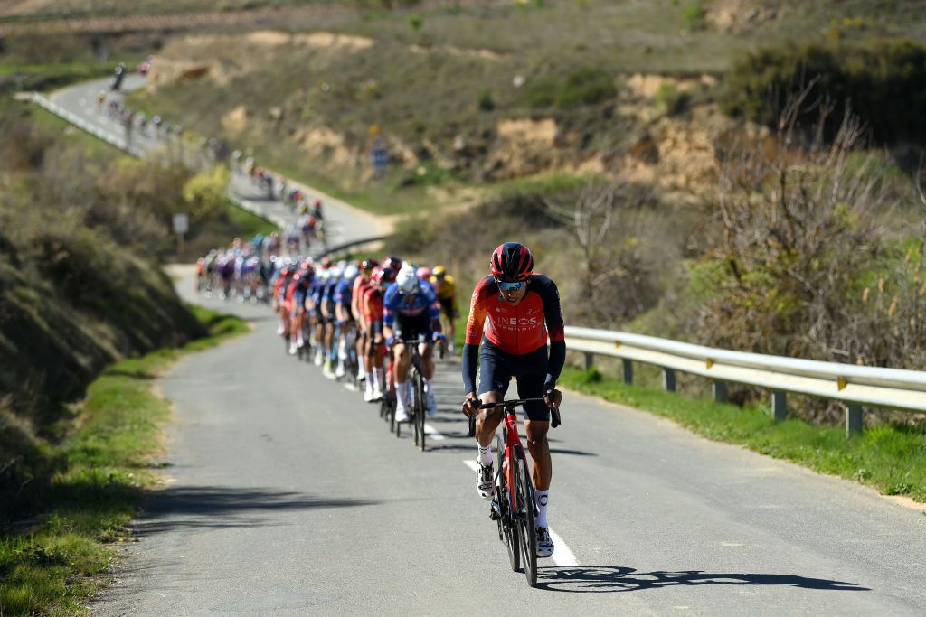 LABASTIDA SPAIN APRIL 03 Egan Bernal of Colombia and Team INEOS Grenadiers leads the peloton during the 2nd Itzulia Basque Country Stage 1 a 1654km stage from VitoriaGasteiz to Labastida 527m Itzulia2023 on April 03 2023 in Labastida Spain Photo by David RamosGetty Images