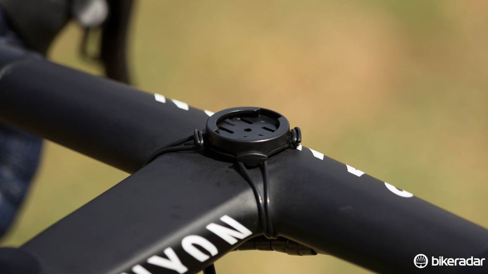 A standard Garmin mount being put to good use on this Canyon one-piece handlebar/stem