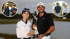 Lydia Ko and Jason Day hold the Grant Thornton Invitational trophy, whilst Lexi Thompson, Rickie Fowler, Brooke Henderson and Corey Conners walk down the fairway