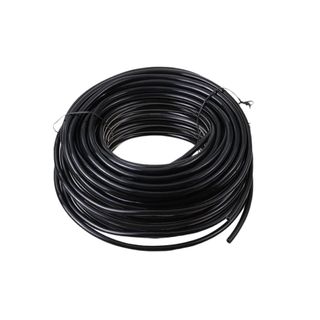 A black drip irrigation hose wrapped around in a circle