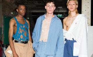 Per Götesson S/S 2018 models wearing various outfits, blues, whites