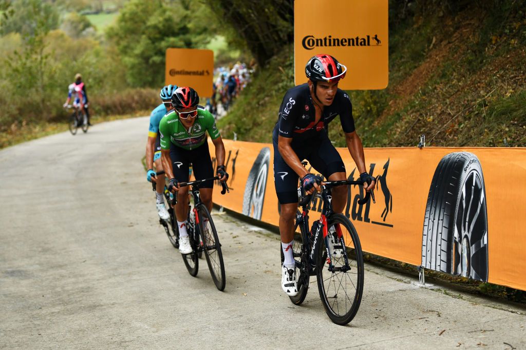 LEKUNBERRI SPAIN OCTOBER 21 Andrey Amador Bikkazakova of Costa Rica and Team INEOS Grenadiers Richard Carapaz of Ecuador and Team INEOS Grenadiers Green Points Jersey Alex Aranburu Deba of Spain and Astana Pro Team Breakaway during the 75th Tour of Spain 2020 Stage 2 a 1516km stage from Pamplona to Lekunberri lavuelta LaVuelta20 La Vuelta on October 21 2020 in Lekunberri Spain Photo by David RamosGetty Images