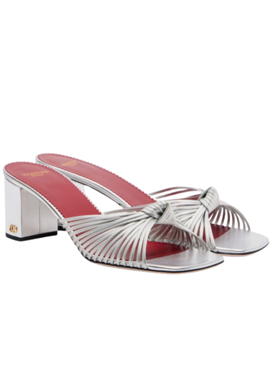 Valentino Garavani, Annet Metallic Leather Sandals in Silver