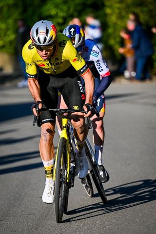 Belgian Wout van Aert of Team Visma-Lease a Bike pictured in action during the Kuurne-Brussels-Kuurne one day cycling race, 196,9 km from Kuurne to Kuurne via Brussels, Sunday 02 March 2025. BELGA PHOTO POOL LUC CLAESSEN (Photo by POOL LUC CLAESSEN / BELGA MAG / Belga via AFP)