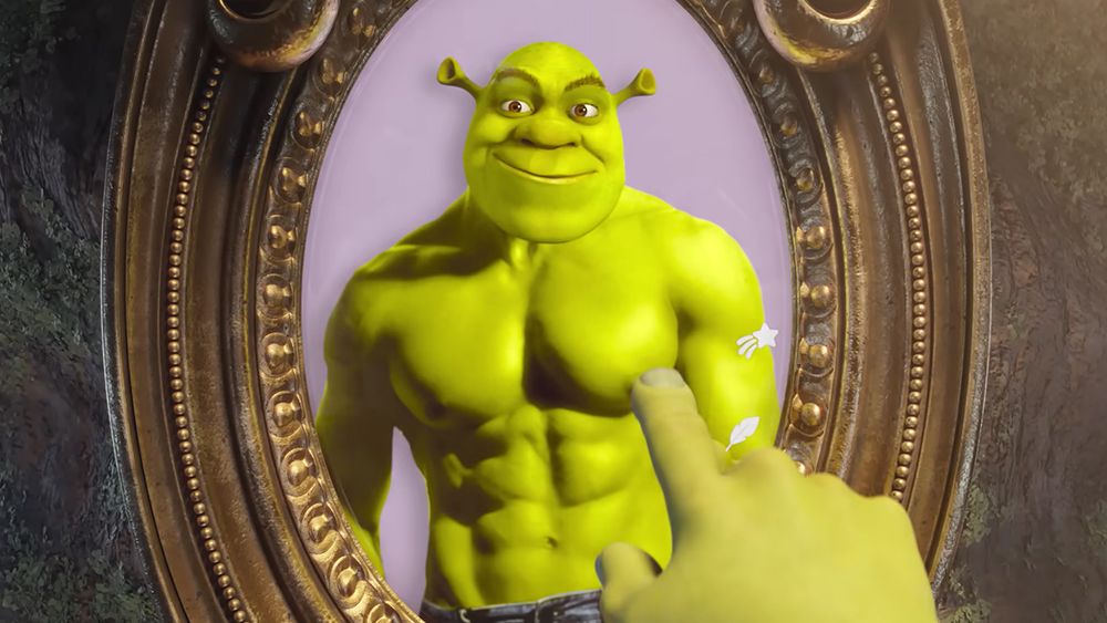 An image of a buff Shrek from Shrek 5 trailer