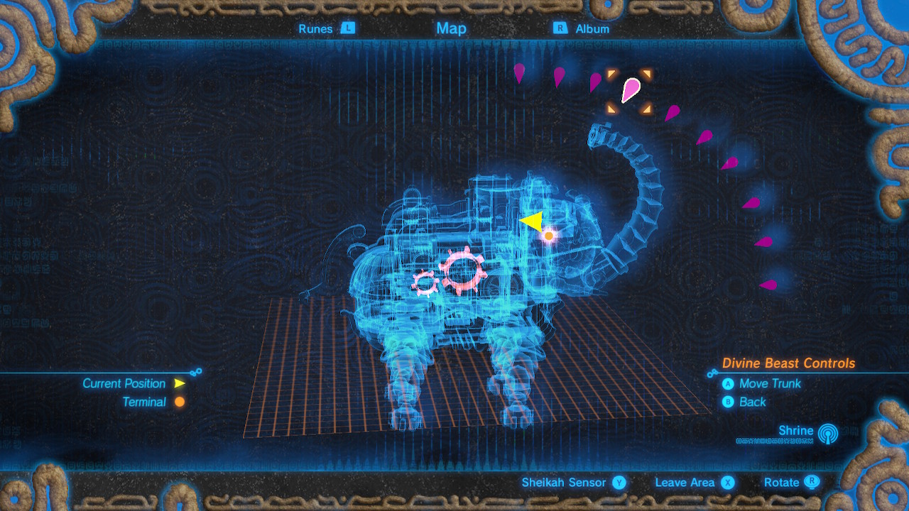 The menu that shows the inner workings of the Divine Beast Ruha in The Legent of Zelda: Breath of the Wild