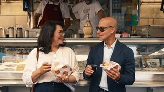 Emiko Davies and Stanley Tucci eating lampredotto in Florence in Tucci in Italy