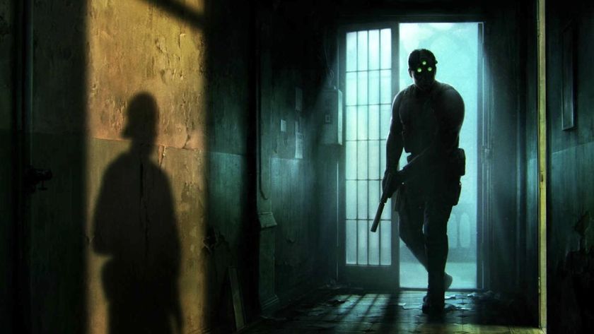 Concept art showing Sam Fisher creeping into a dimly lit room. He is holding a silenced pistol and wearing all black