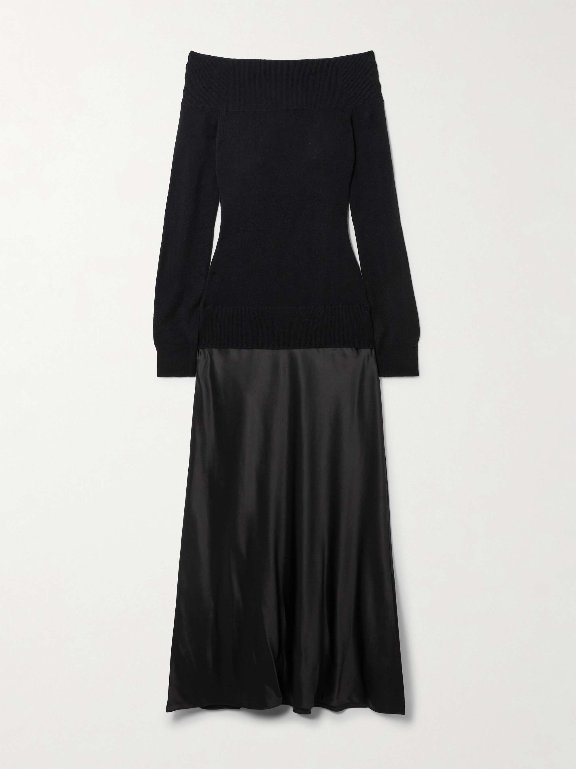 Monument Off-The-Shoulder Layered Cashmere and Silk-Satin Maxi Dress