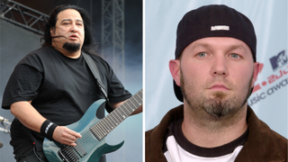 A photo of Dino Cazares performing and a close-up of Fred Durst