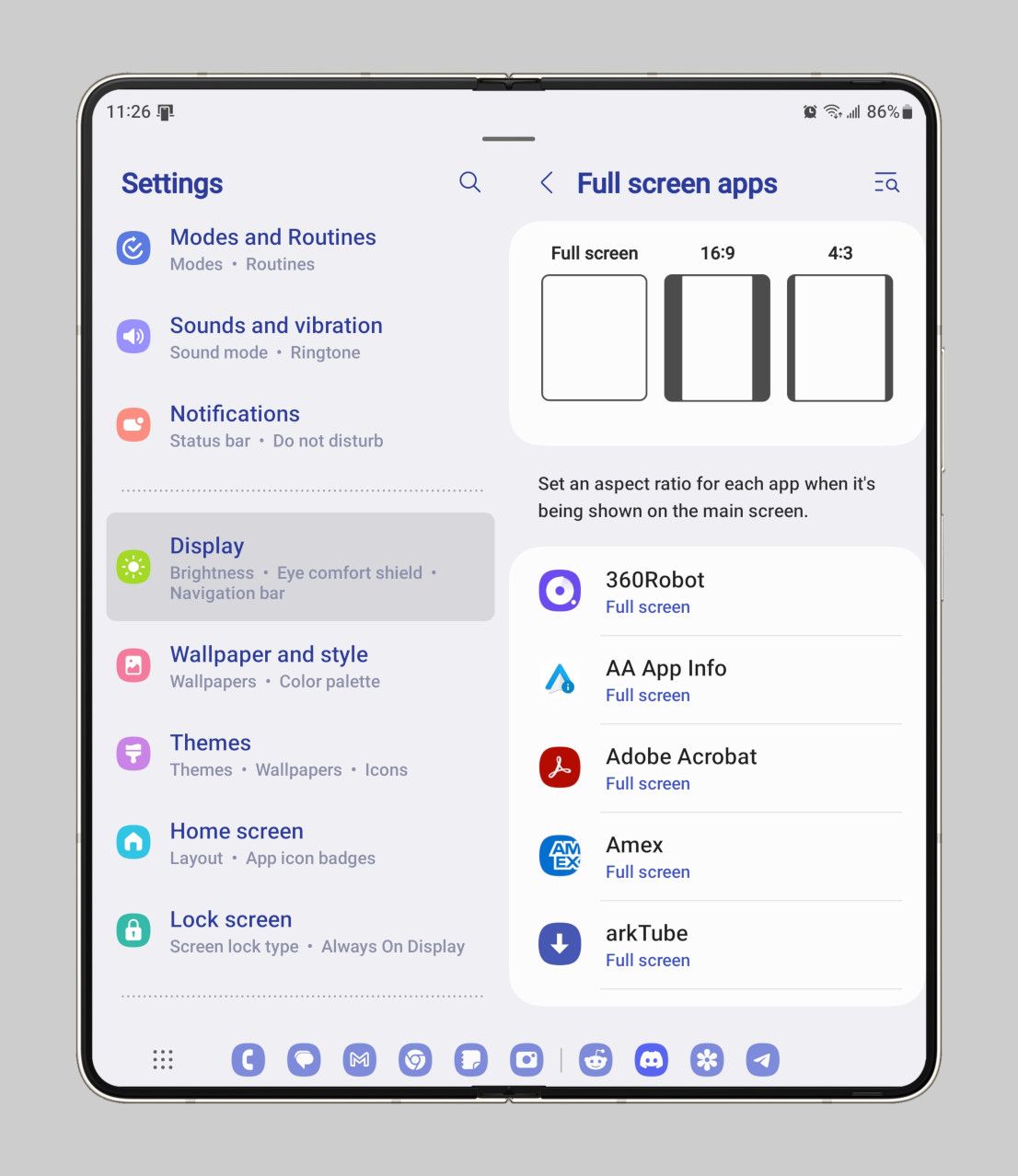 Full screen app settings in One UI