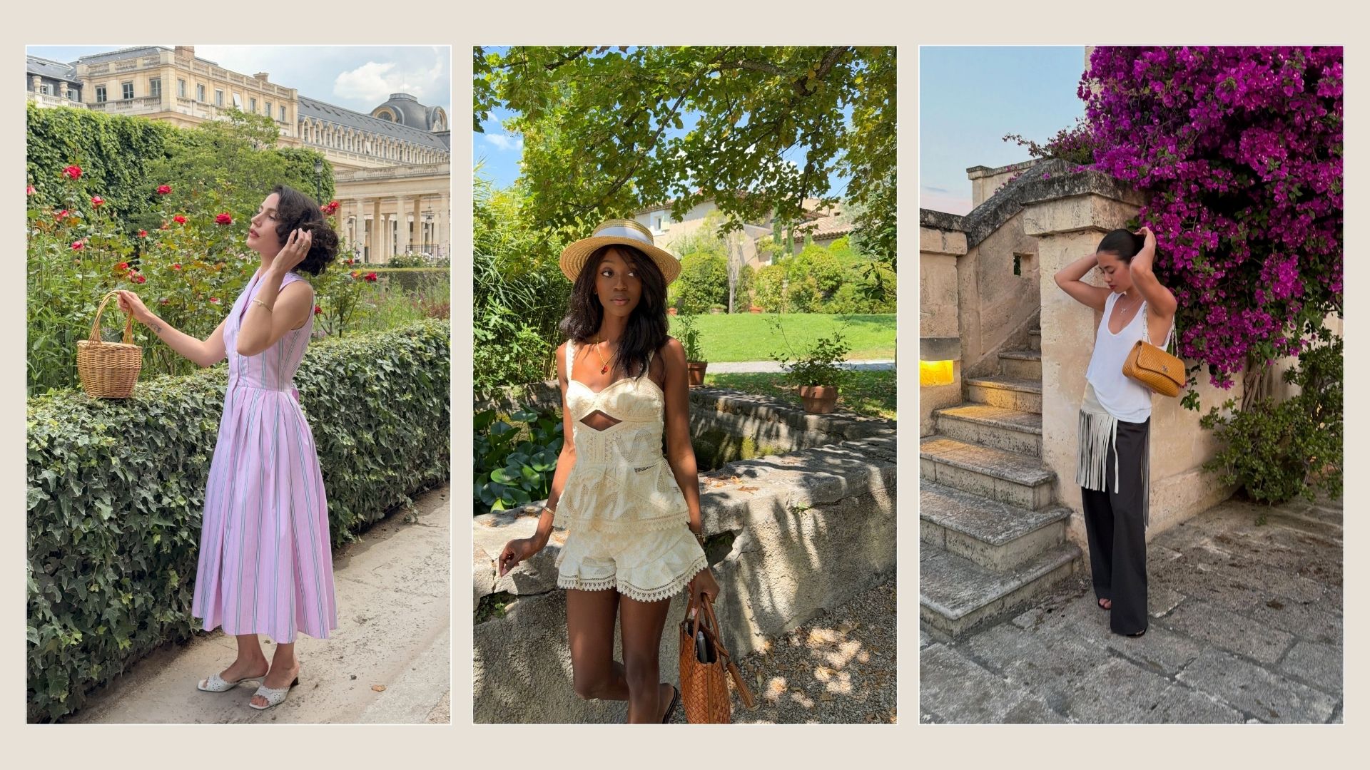 A collage of summery imagery from creators @melodiebanfield, @emmanuellek_, @sasha.mei