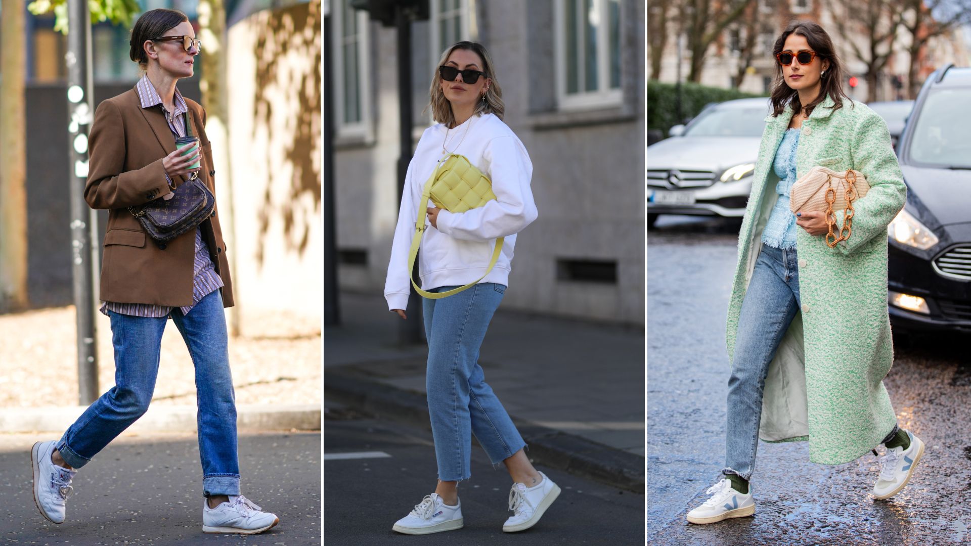 Geteiltes Bild eines Gastes, der während der London Fashion Week September 2019 am 14. September 2019 in London, England, eine Sonnenbrille, eine braune übergroße Jacke, ein lila gestreiftes Hemd, eine braune Ledermonogramm-Vuitton-Tasche, blaue Denim-Jeans mit Bündchen und weiße Reebok-Turnschuhe trägt ; Franzi König; Julia Haghjoo
