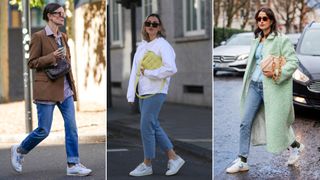 Split image of A guest wears sunglasses, a brown oversized jacket, a purple striped shirt, a brown leather monogram Vuitton bag, blue denim cuffed jeans, white Reebok sneakers shoes, during London Fashion Week September 2019 on September 14, 2019 in London, England; Franzi König; Julia Haghjoo