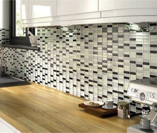 Wooden Kitchen Counter with Glitter Black and Silver Gloss Glass Mosaic Tile sheet