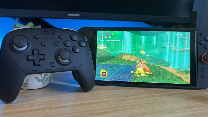 Nintendo Switch 2 playing Donkey Kong Bananza with Pro Controller to the left