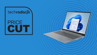 Lenovo IdeaPad Slim 3 laptop on blue background next to TechRadar logo and the words "Price Cut"