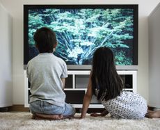 two children sitting in front of a tv screen which is lit up with blue-green light.