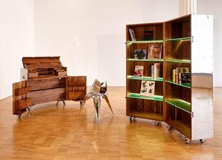 Naihan Li's writing desk and bookcase from 'The Crates Series', with 'Digital Chair' (centre) by Zhoujie Zhang