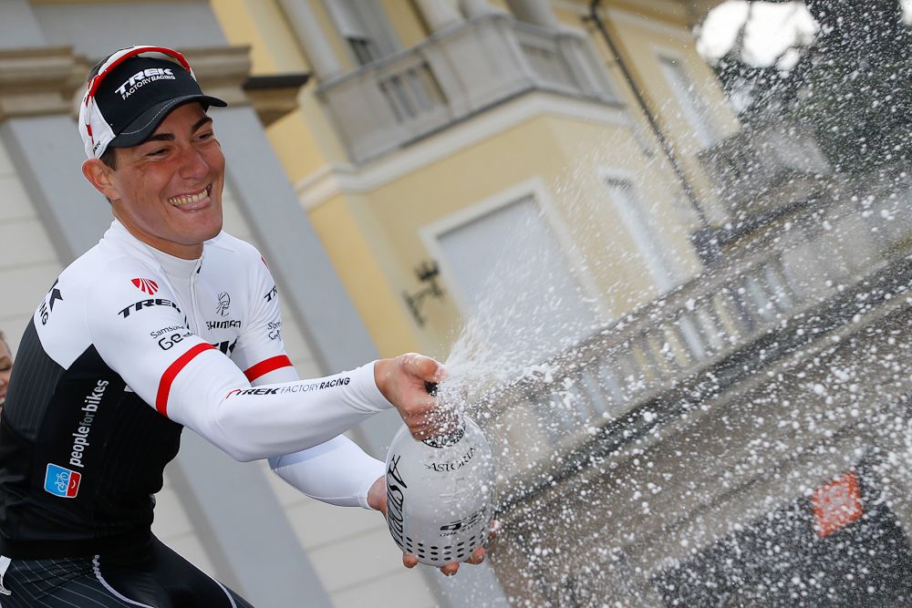 Giacomo Nizzolo celebrates his GP Nobili win.
