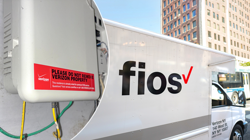 A composite image showing a Verizon Fios ONT box and a Fios Truck side by side