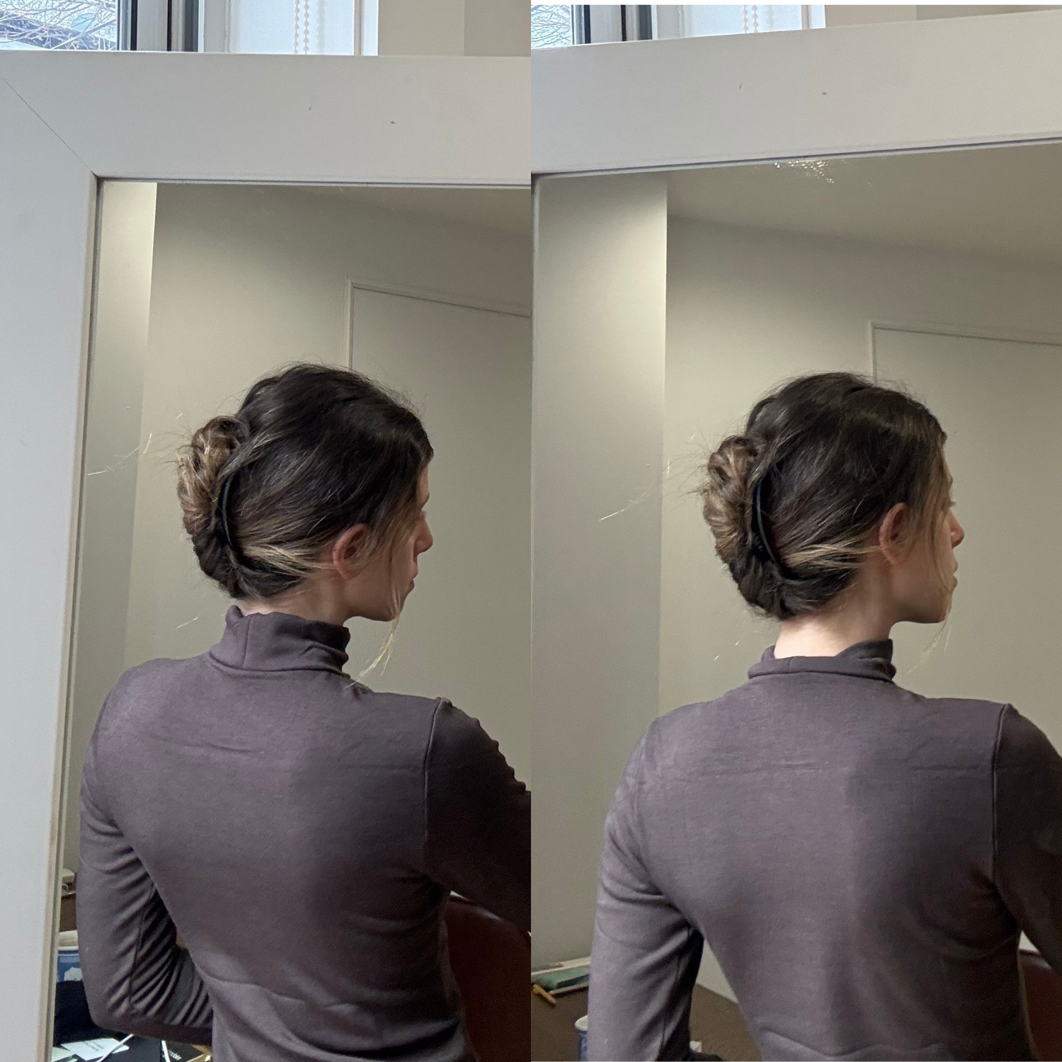 Collage of Jamie Schneider wearing a French comb updo.