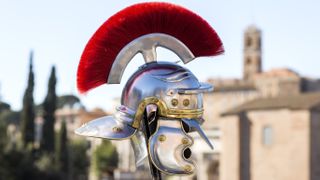 A copy of a Roman helmet in Rome, Italy. 