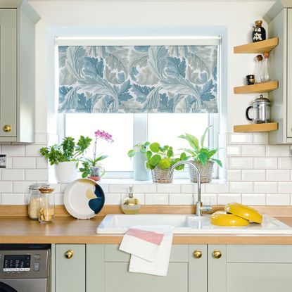 kitchen with green cabinets and blue window blind