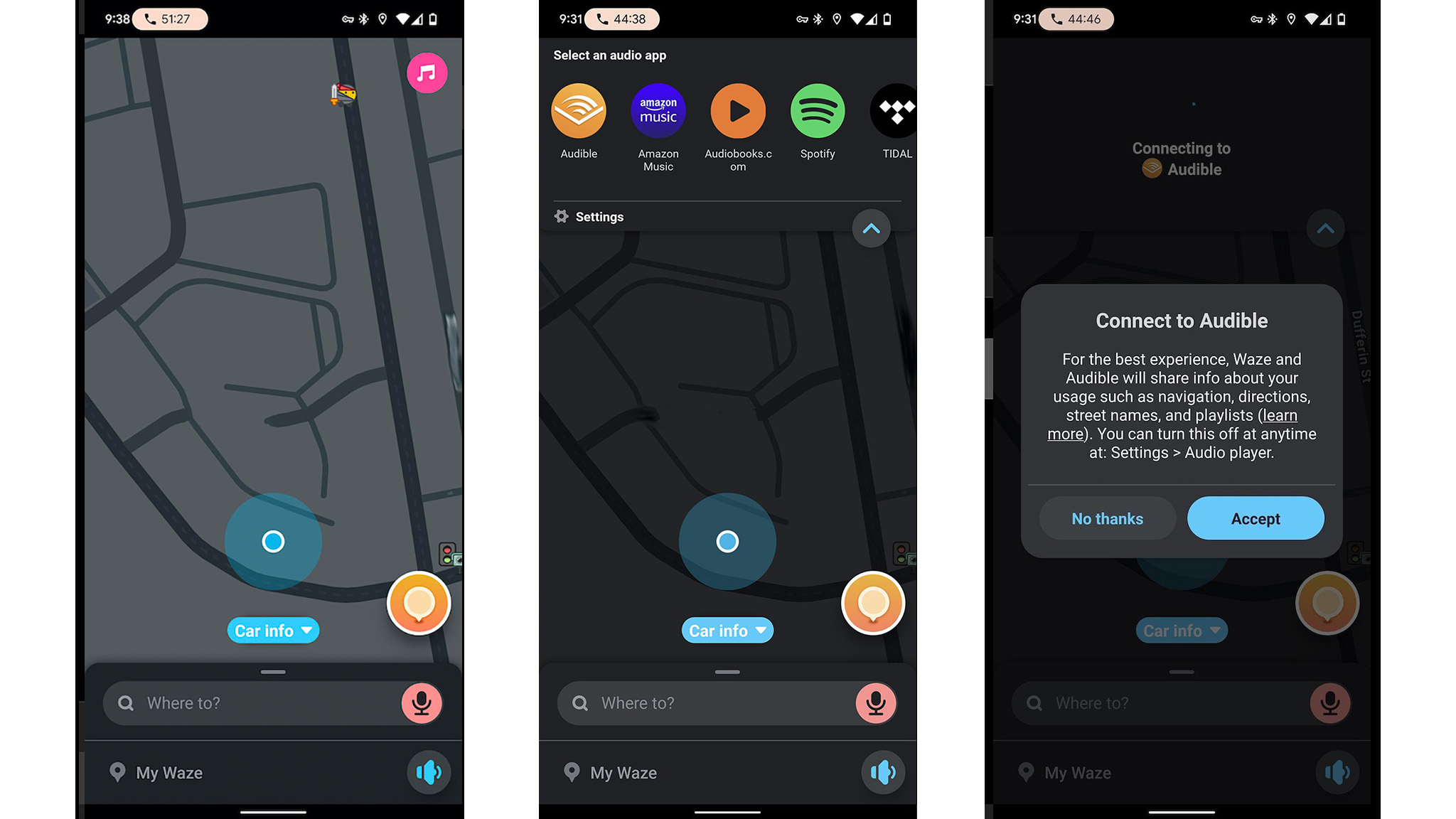 Ses uygulaması ekleyen Waze'in ekran görüntüleri.