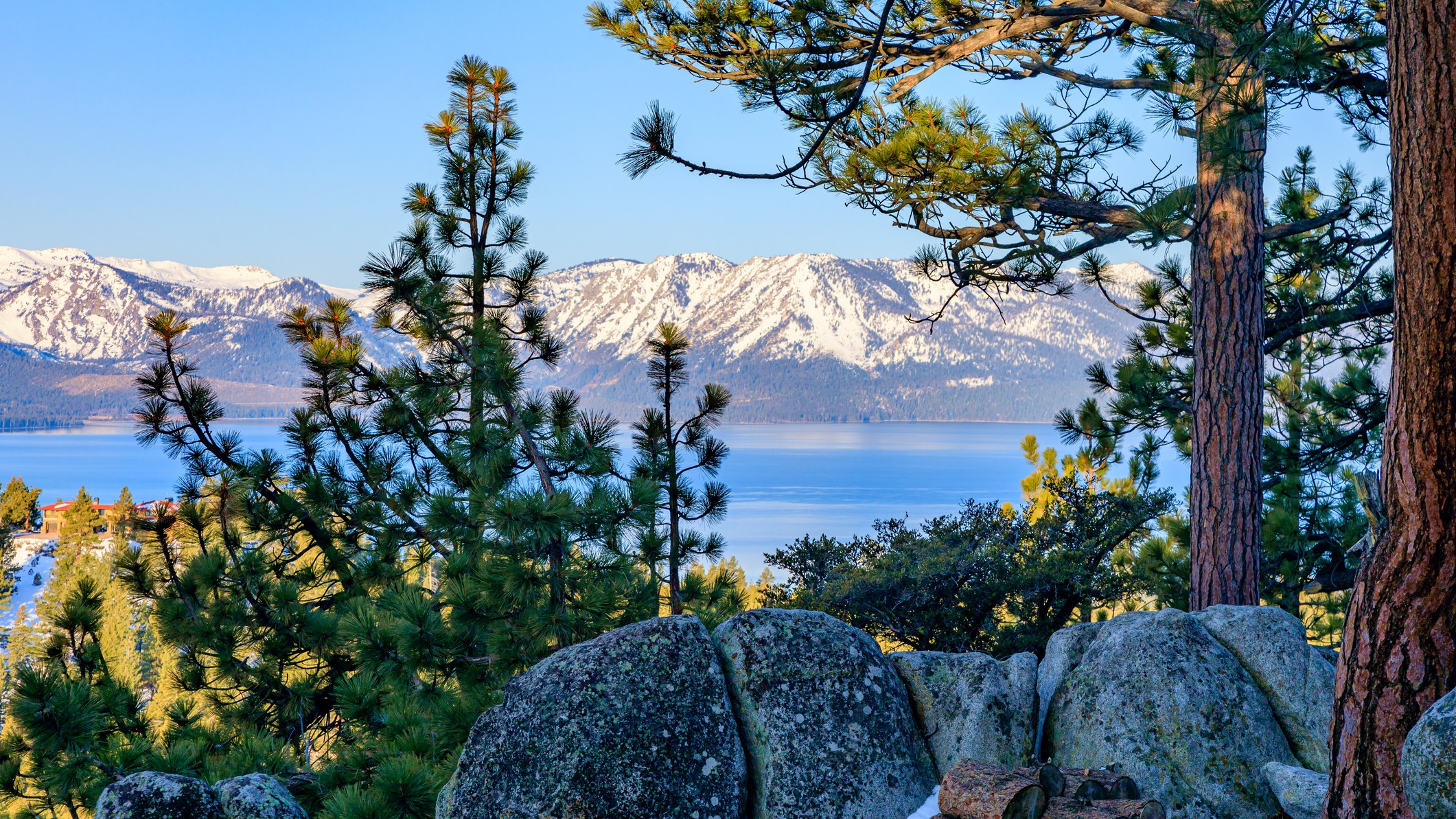 Winter Landscape of snow-covered slopes around Emerald Bay - South Lake Tahoe, California, USA