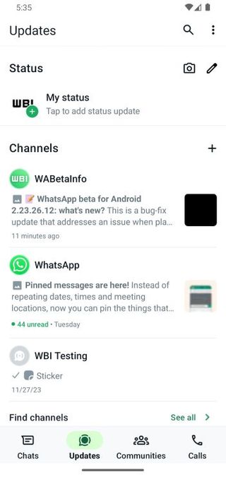 Whatsapp status update header redesign with the camera and pencil icons at the top